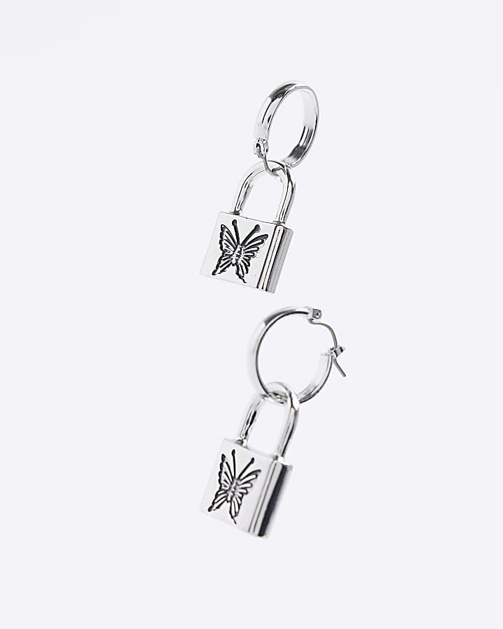 Silver padlock drop hoop earrings