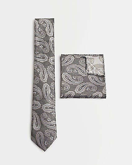 Silver paisley print tie and handkerchief set