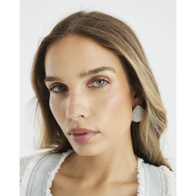 Silver Paved Oval Stud Earrings