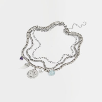 Silver pendant multirow necklace | River Island
