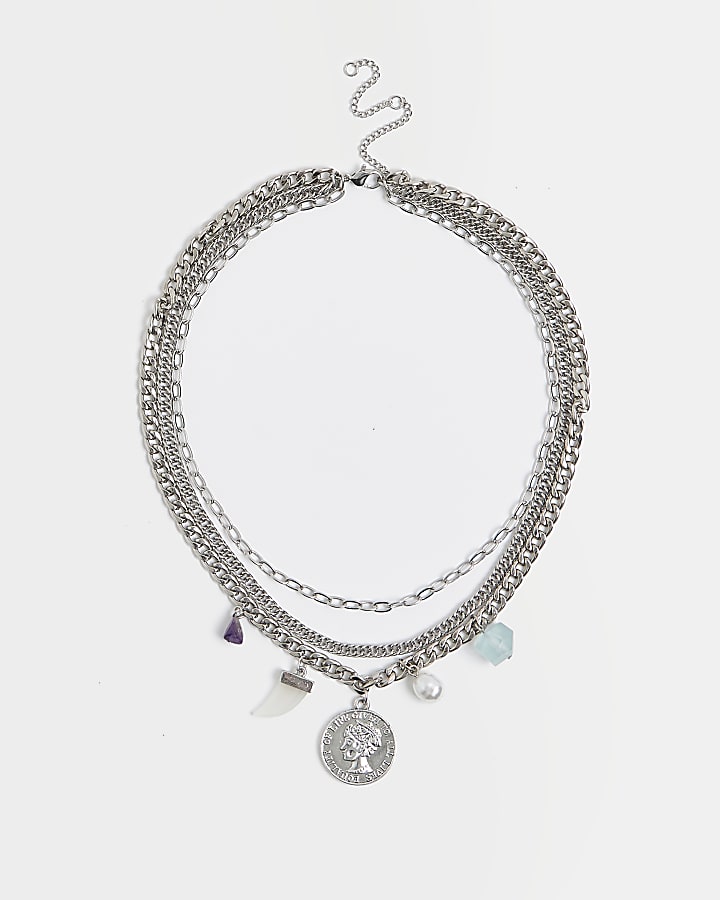 Silver pendant multirow necklace