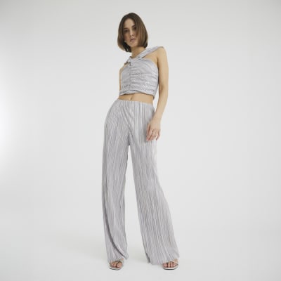 Silver Plisse Wide Leg Trousers