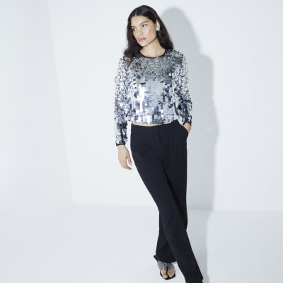 River island grey sequin top online