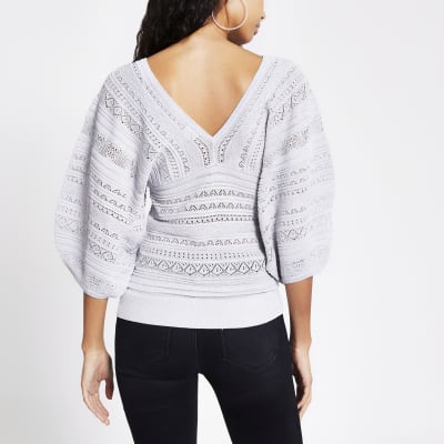 Silver pretty stitch puff sleeve top