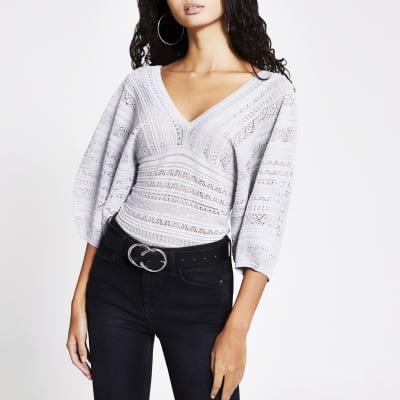 Silver pretty stitch puff sleeve top
