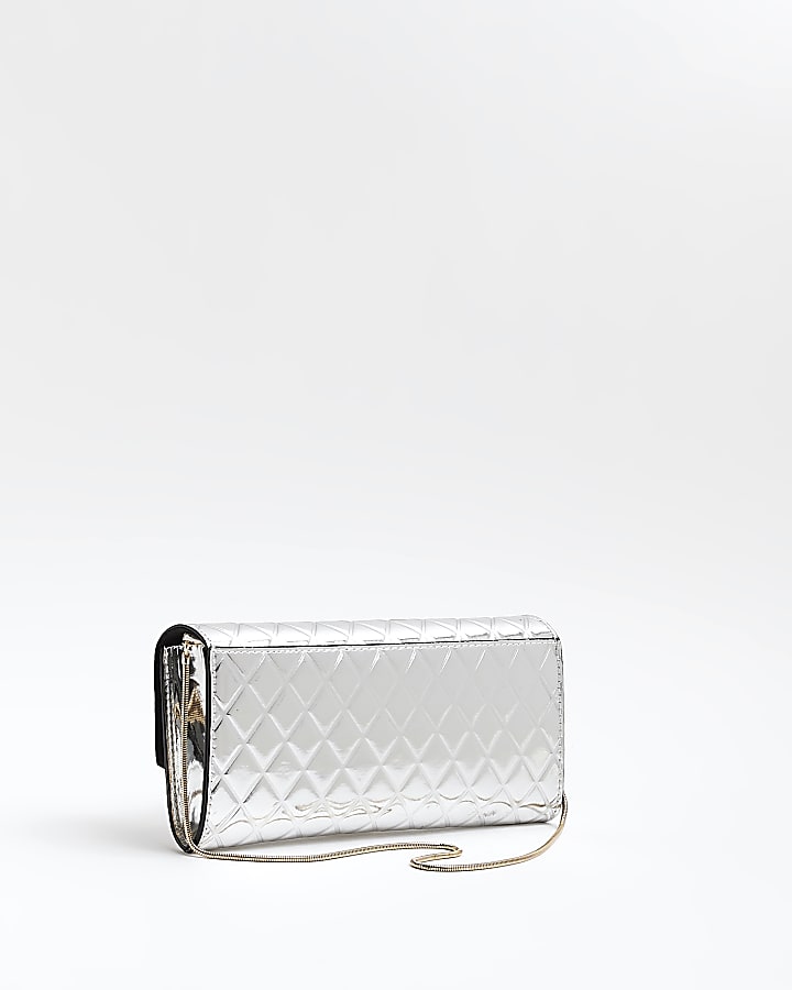 Silver quilted asymmetric clutch bag