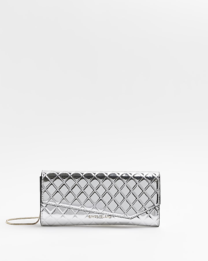 Silver quilted asymmetric clutch bag