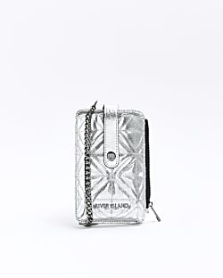 Silver quilted phone cross body purse