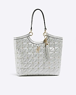 Silver quilted studded shopper bag