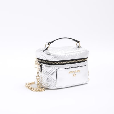 Silver quilted vanity cross body bag River Island