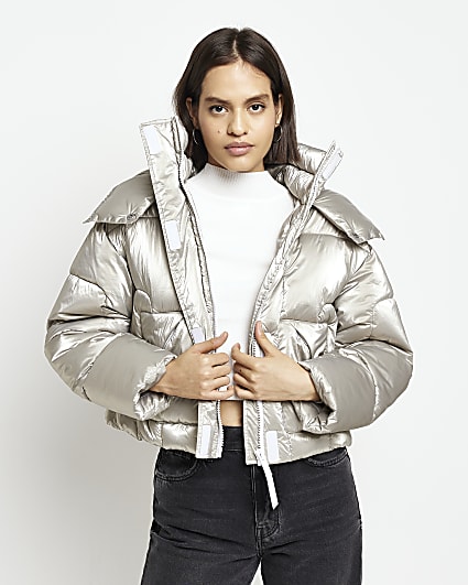 Silver reflective hooded puffer coat