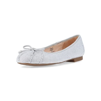 Silver regular bow tie ballet pumps | River Island