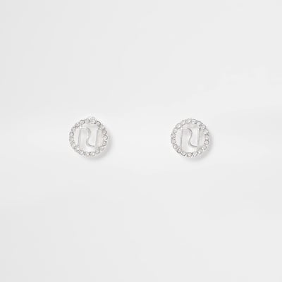 Silver RI logo pave surround stud earring