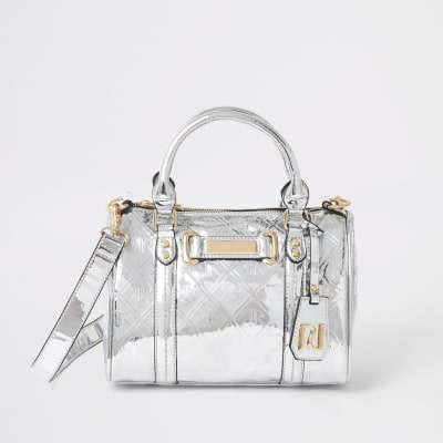 Silver RI monogram print mini bowler bag