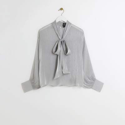 silver tie neck blouse