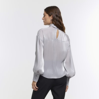 silver tie neck blouse