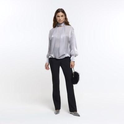 silver tie neck blouse