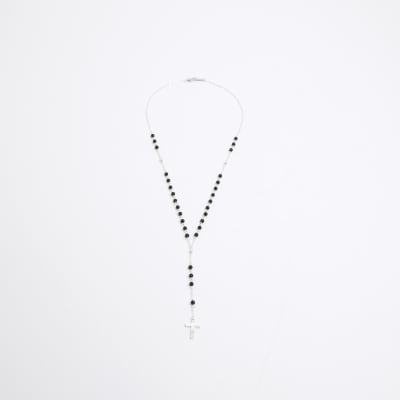 Silver Rosery Bead Saint Cross Necklace