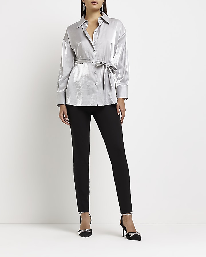 Silver satin belted shirt