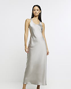 Silver satin maxi slip dress