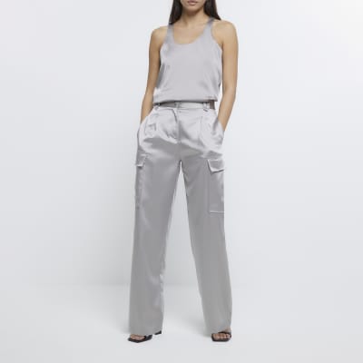 Silver satin scoop neckline tank top