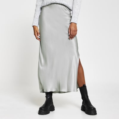 Silver satin split side maxi skirt
