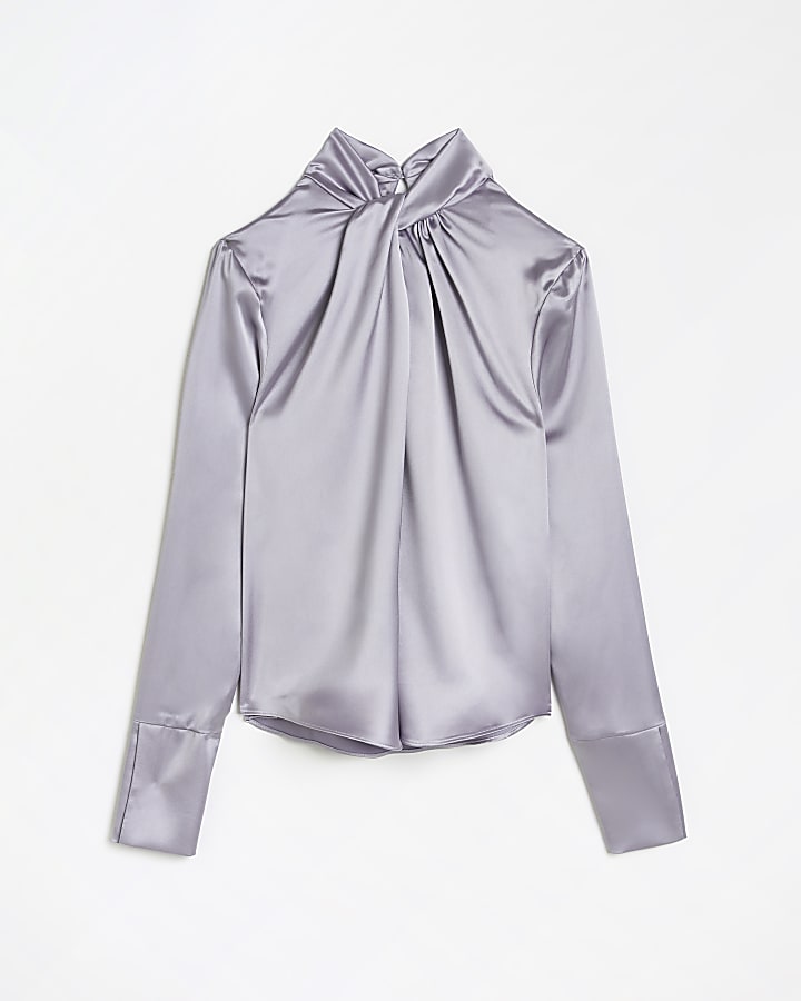 Silver satin twist detail blouse