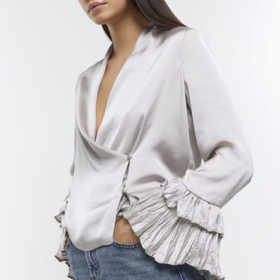 Silver satin wrap blouse