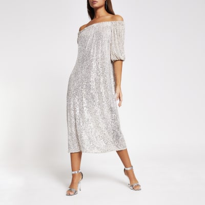 silver sequin dress midi