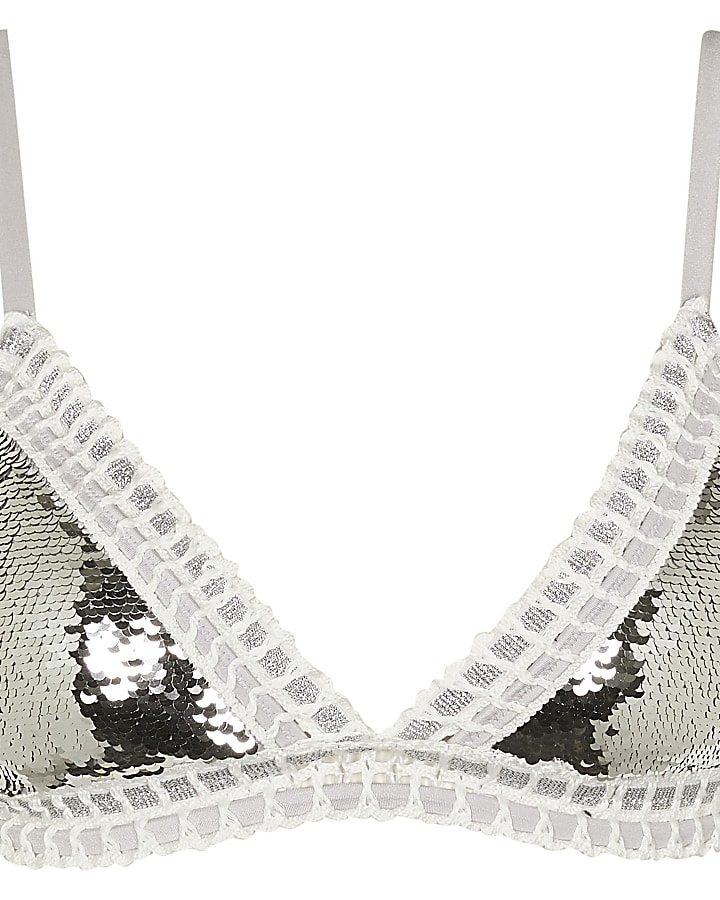 Silver sequin crochet triangle bikini top