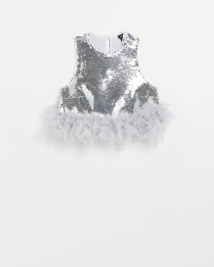 Silver sequin feather trim top