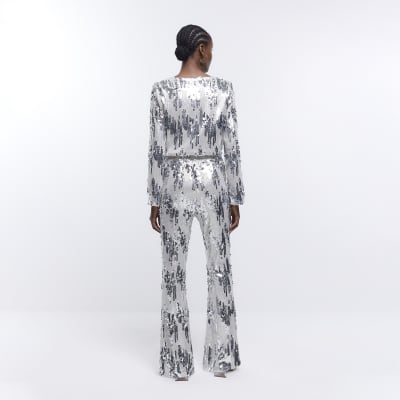 Silver Sequin Flare Trousers