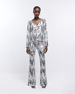 Silver Sequin Flare Trousers