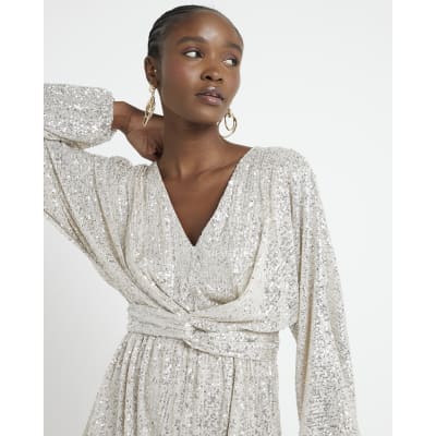 Silver sequin front knot playsuit River Island