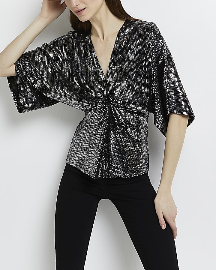 Silver sequin knot front top