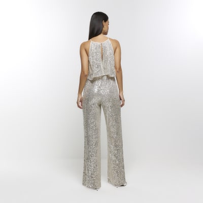 Silver sequin layered jumpsuit River Island