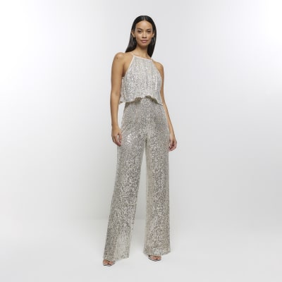 Silver sequin layered jumpsuit | River Island