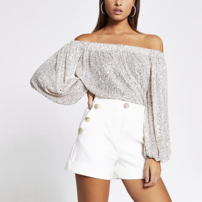 white sparkly long sleeve top