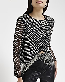 Silver sequin long sleeve cropped top