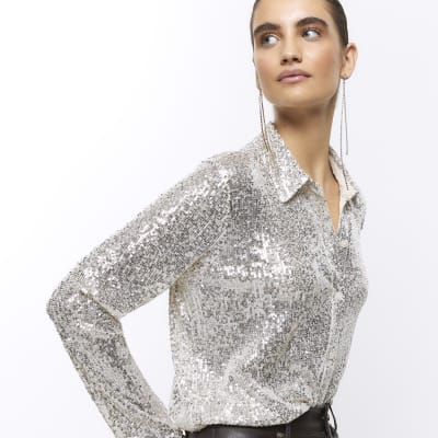 Silver sequin long sleeve shirt