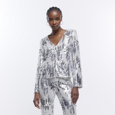 Silver sequin 2025 long sleeve top