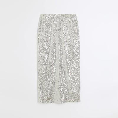 Silver sequin midi skirt | River Island