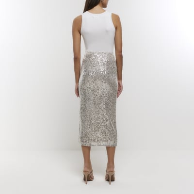 Silver Sequin Midi Skirt River Island 