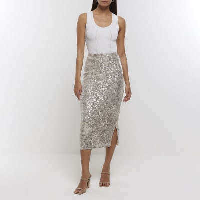 Silver sequin midi skirt River Island