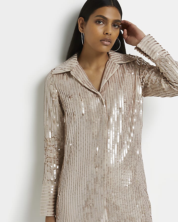Silver sequin mini shirt dress