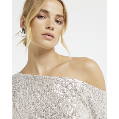 Silver sequin off shoulder top River Island