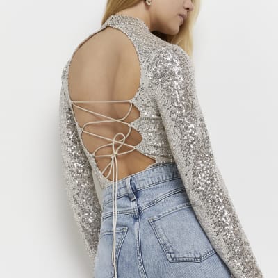 Silver Sequin Open Back Bodysuit