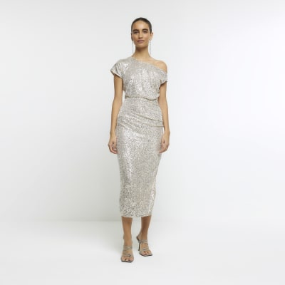 Silver sequin ruched bardot midi dress | River Island