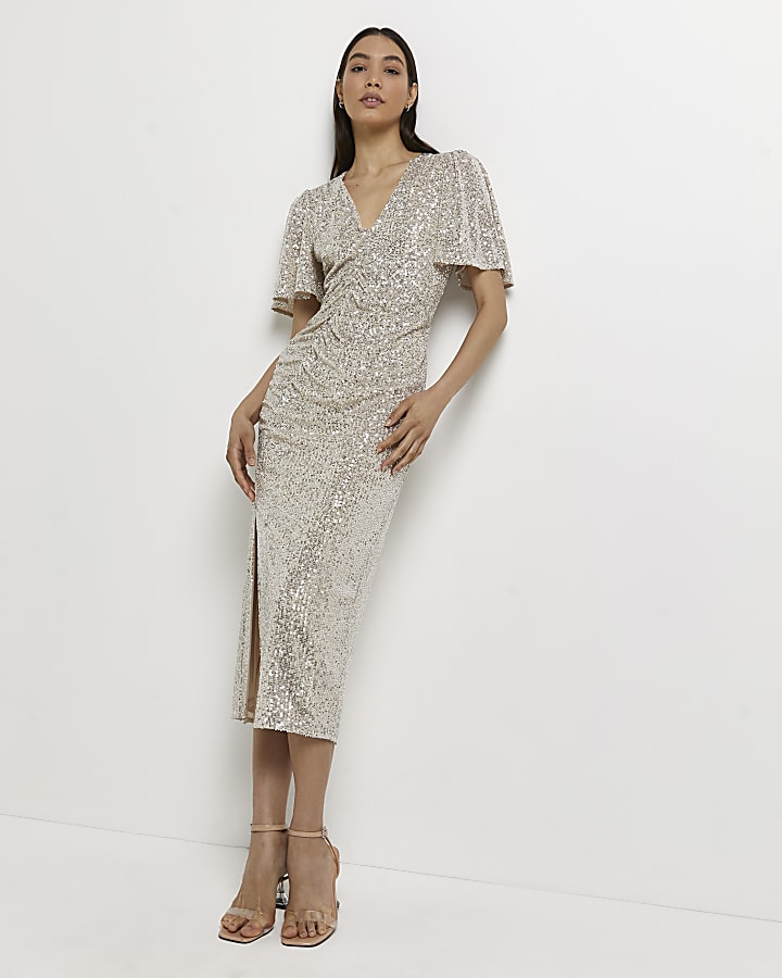 Silver sequin ruched midi dress