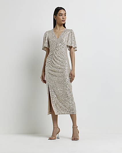 Silver sequin ruched midi dress